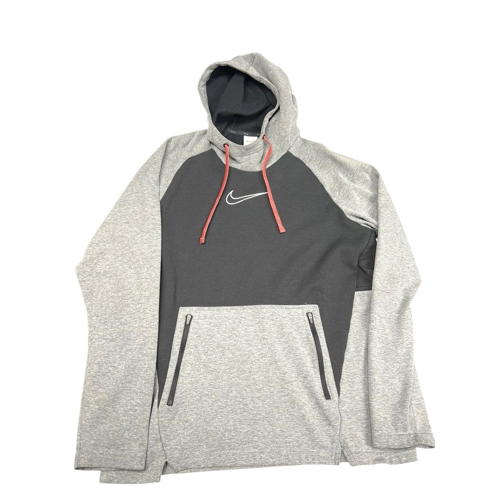 Nike Therma-Fit Hoodie Men Large Gray Black Pullover Swoosh Zip Pocket